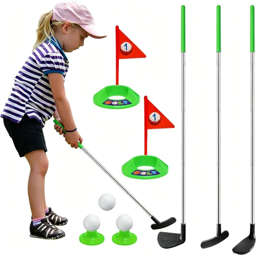 Juego de palos de golf para niños, palos de golf retráctiles para niños pequeños, 3 palos con pelotas de práctica, copas y postes de bandera, juego