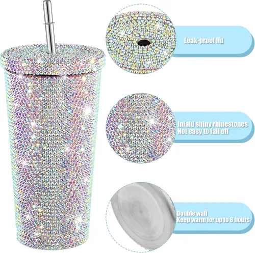 Miniatura 3 de Mimorou Botella de agua con diamantes brillantes y tachonados, con tapa, de acero inoxidable, térmica, con diamantes de imitación y 1 cepillo