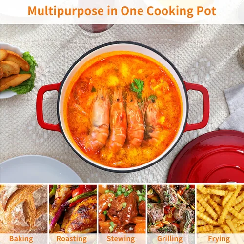 Miniatura 5 de Velaze Horno Holandés de Hierro Fundido Esmaltado de 6 QT, Olla de Doble Asa con Tapa, Horno Redondo Antiadherente de Servicio Pesado para Hornear