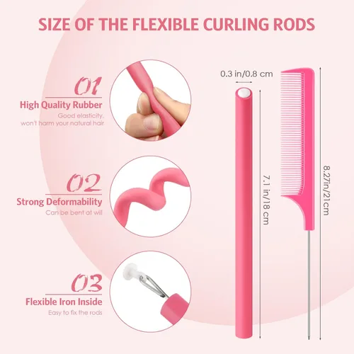 Miniatura 2 de Syhood 30 varillas rizadoras flexibles, rodillos de espuma suave, sin calor, 1 peine de cola de rata de acero para mujeres de cabello largo y corto