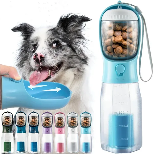 Miniatura 12 de Botella de agua portátil para perros pequeños, dispensador de cuencos de viaje 3 en 1 para mascotas con contenedor de alimentos y soporte para bolsa
