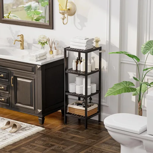 Miniatura 2 de SMIBUY Estante de almacenamiento para baño, organizador de bambú de 4 niveles, estantería multifuncional para sala de estar, dormitorio, cocina Negro