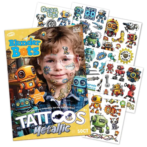 50 tatuajes temporales de Blunder Bots: tinta metálica, segura para la piel, ideal para fiestas de cumpleaños, regalos para niños y niñas de 4 a 12