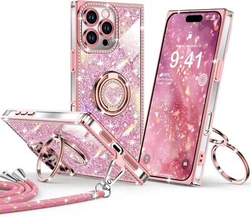 Miniatura 47 de XYZ Funda para iPhone 13, con purpurina brillante con soporte de corazón de 2 anillos y cordón, funda protectora a prueba de golpes con diamantes
