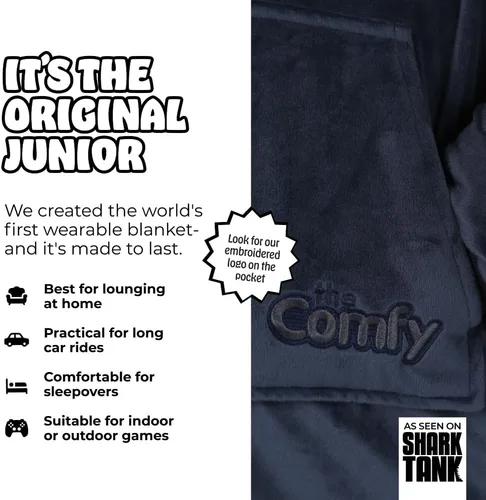 Miniatura 2 de THE COMFY Original Jr para niños Manta de sherpa de forro polar de gran tamaño con capucha y bolsillo Vista en Shark Tank Azul