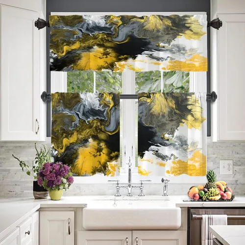 Miniatura 2 de BaoNews Cenefas de cocina abstractas con patrón de agua amarillo para ventanas, cortinas opacas de poliéster multicapa para cocina, dormitorio