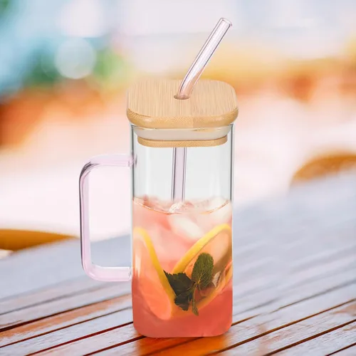 Miniatura 8 de Luxshiny Vaso de vidrio transparente con asa y tapa, vaso de bebida de 5.31 pulgadas para jugo de leche, agua, café helado, vaso para el hogar