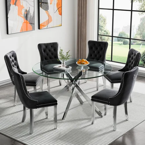 Miniatura 25 de Juego de 4 mesas de comedor redondas de vidrio para 4, juego de mesa de cocina pequeña para 4, mesa redonda de vidrio de 35 pulgadas, juego de 4