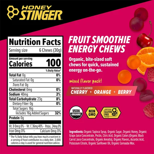Miniatura 2 de Honey Stinger Gomitas Energéticas de Batido de Frutas Orgánico, Sin Gluten y Sin Cafeína, para Ejercicio, Correr y Rendimiento, Nutrición Deportiva