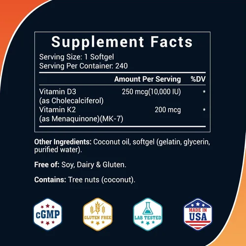 Miniatura 2 de Vitamina D3 K2 10000 UI Plus K2 (MK-7) 200 mcg, 240 cápsulas blandas de aceite de coco Complejo VIT D & K 2 en 1 Apoya la absorción de calcio