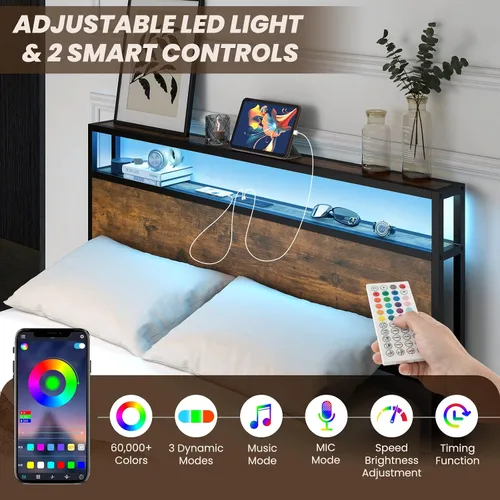 Miniatura 5 de Giantex Base de cama matrimonial con cabecero de luces LED y 4 cajones de almacenamiento, plataforma de metal con tomas de corriente y puertos USB