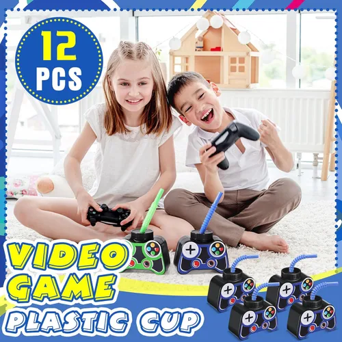 Miniatura 5 de Mifoci Vasos de plástico para fiestas de videojuegos, 12 unidades, con popote y tapa, 10 onzas, tazas temáticas de cumpleaños para jugadores