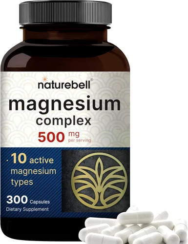 NatureBell - Suplemento complejo de magnesio de 500 mg, 300 cápsulas, 10 formas activas, glicinato, citrato, taurato y más, 100 % quelado y