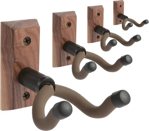 Miniatura 7 de Soportes de pared para guitarra, paquete de 4, ganchos para guitarras acústicas y eléctricas, mandolina banjo bajo, base de madera de nogal negro
