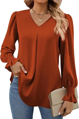 Miniatura 25 de Funlingo Blusas de mujer con mangas largas 2025, elegantes y casuales, con cuello en V, túnica suelta de gasa para el trabajo