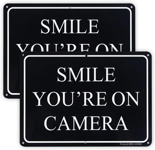 Paquete de 2 carteles reflectantes de aluminio de 10 x 7 pulgadas con texto en inglés "Smile You're On", sin óxido, protección UV y resistente a la