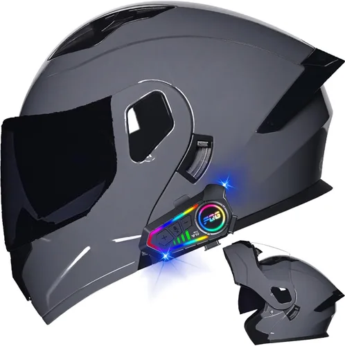 Miniatura 30 de Casco modular Bluetooth para motocicleta, aprobado por DOT, de cara completa, abatible, antivaho, doble visera, casco de motocicleta de calle, LENTE
