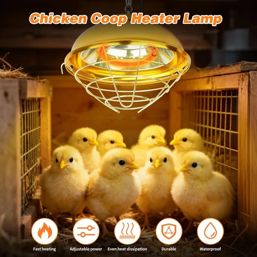 Miniatura 6 de Lámpara calefactora de gallinero de 300 W, lámpara de calor impermeable para pollos con 2 etapas, calentador para pollitos con cadena