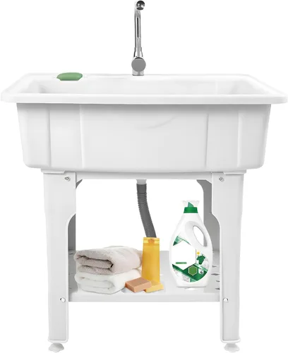 Miniatura 14 de Fregadero de lavandería de plástico independiente blanco con tabla de lavadero, fregadero de utilidad para interiores y exteriores con grifo de agua