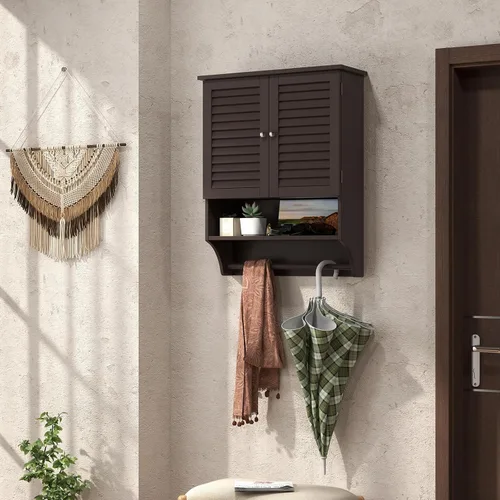 Miniatura 5 de Tangkula Armario de baño montado en la pared con estante abierto y barra, botiquín con puertas de doble rejilla, estante ajustable, armario