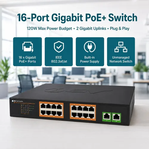 Miniatura 2 de BV-Tech 18-Port Gigabit PoE+ Switch (16 PoE Ports & 2 Gigabit Uplinks), 120W PoE Budget, 802.3af/at, 1U Rackmount/Desktop Plug and Play, POE-SW1602G