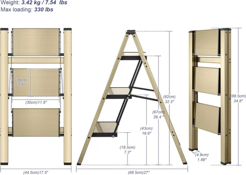 Miniatura 2 de Escalera plegable de 3 peldaños con acabado dorado champán, trípode antideslizante, máximo 330 libras