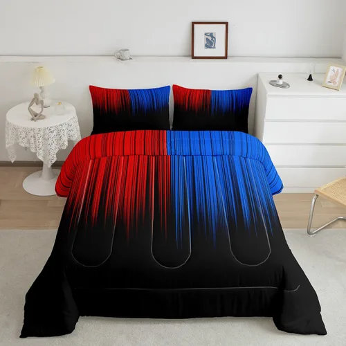 Miniatura 21 de Feelyou Juego de edredón geométrico degradado para adolescentes, tamaño individual, para niños y mujeres, azul, rojo y negro, juego de ropa de cama