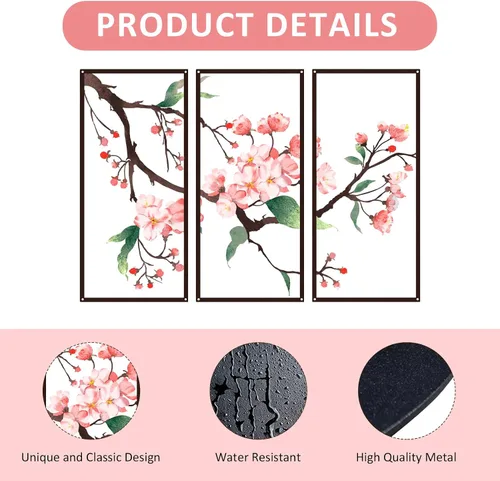 Miniatura 7 de Resama 3 piezas de arte de pared de metal, flores colgantes de flores, escultura de pared de metal rústico 2D para sala de estar, dormitorio