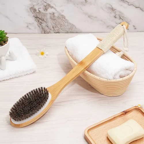 Miniatura 7 de eaxun Cepillo de ducha de bambú con mango largo curvado, exfoliante de espalda de 16.7 pulgadas con cerdas naturales para hombres y mujeres