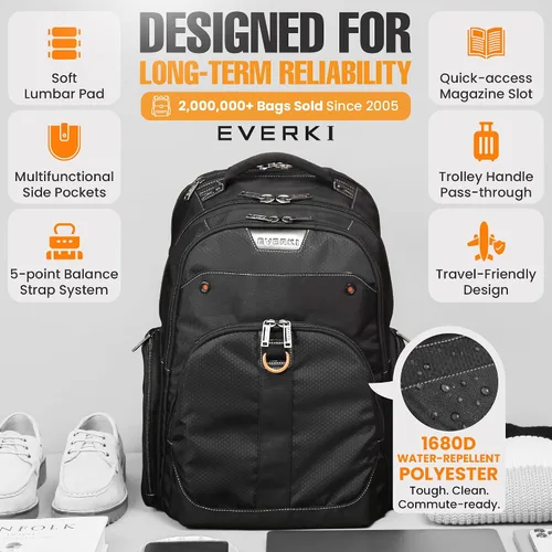 Miniatura 5 de Mochila EVERKI Atlas para Laptop de Negocios - Mochila para Mujeres o Hombres para el Trabajo, Negro