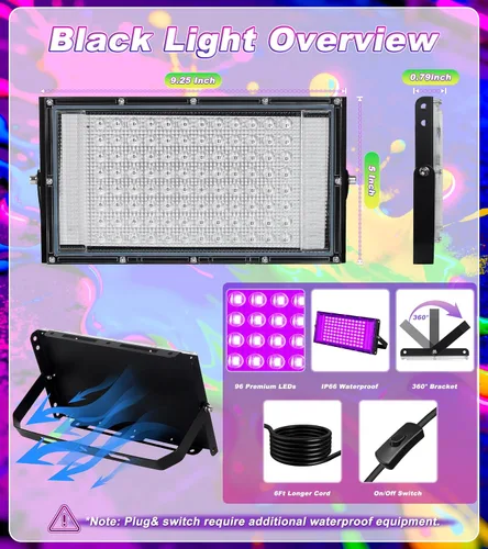 Miniatura 6 de Luz LED Negra de 100W IP66 Impermeable, Reflector de Luz Negra para Exteriores con Enchufe+Interruptor+Cable, para Halloween, Neón que Brilla
