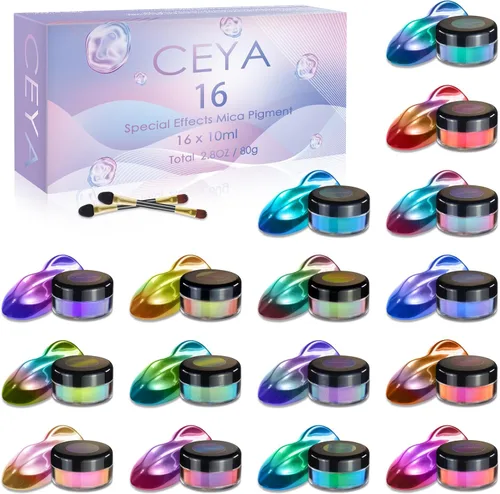 Ceya Juego de Polvo de Mica Camaleón 16 Colores, 2.8oz / 80g Polvo Cromo, Pigmento de Efecto Nacarado con Cambio de Color de Grado Cosmético para