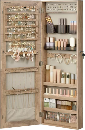 Miniatura 42 de SONGMICS Gabinete colgante de joyería, gabinete de pared con luces interiores LED, organizador de joyas montado en la puerta, espejo de cuerpo Blanco