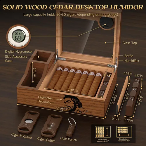 Miniatura 2 de KEJIAR Humidor de puros, estuche de escritorio de cedro con tapa de vidrio con 2 cajas de accesorios de humidor lateral con cortador de puros