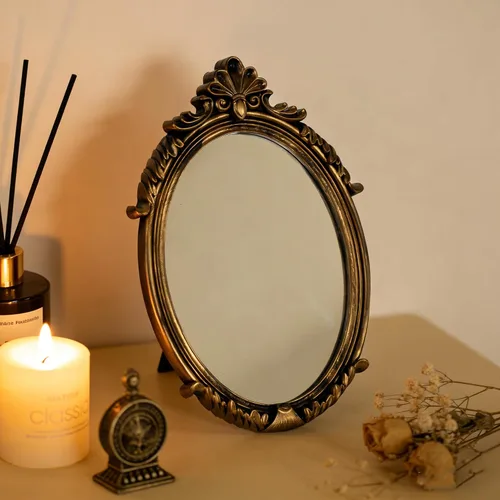 Miniatura 2 de Espejo de maquillaje ovalado de plástico dorado vintage (bronce, 11 x 7 pulgadas)