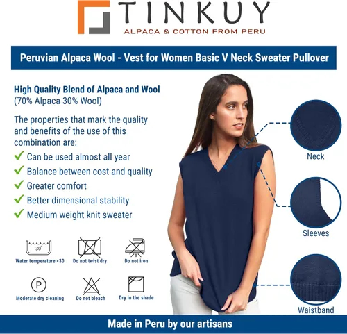 Miniatura 5 de TINKUY PERU - Chaleco de lana de alpaca con cuello en V para mujer, S-4XL