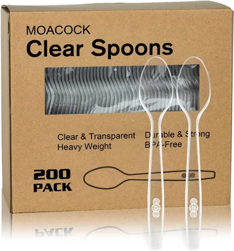 200 cucharas de plástico transparente, cucharas desechables pesadas, cubiertos de plástico, cubiertos de plástico transparente a granel