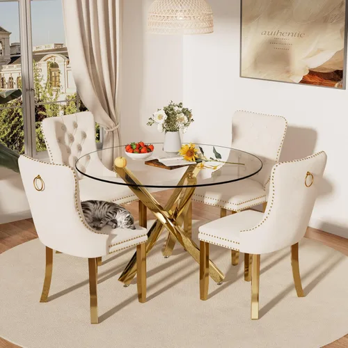 Juego de comedor de 5 piezas con parte superior de vidrio redondo transparente, juego de comedor circular moderno de mediados de siglo de 39