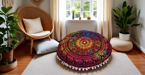 Miniatura 2 de Funda redonda para cojín de mandala, estilo hippie, bohemio y decorativo, para piso, cojín de asiento, funda otomana, puf, con pompones, boho, Flor