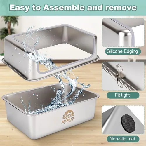 Miniatura 2 de Cajas de arena de acero inoxidable para gatos con tapa de metal, bandeja grande de arena para gatos con recinto de pared alta - Libre de olores