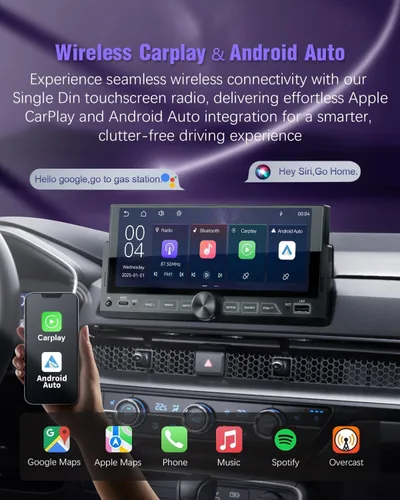 Miniatura 2 de 【SOOEMAKA】 Estéreo para automóvil de un solo DIN con Apple CarPlay inalámbrico Android Auto, radio con pantalla táctil IPS de 6.9 pulgadas con carga