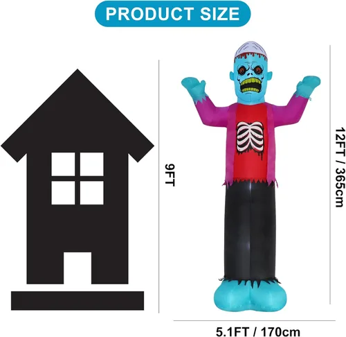 Miniatura 3 de 12 pies de decoración inflable de Halloween para exteriores, esqueleto zombi azul espeluznante con luces LED, decoración inflable para fiestas
