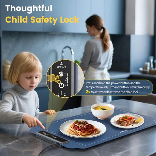 Miniatura 5 de Tapete de calentamiento para alimentos, calentador de alimentos con temperatura ajustable de 4 niveles, calefacción de superficie completa