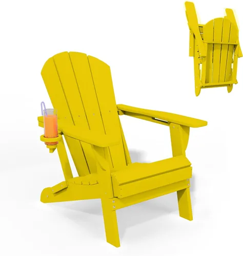 Miniatura 9 de Silla plegable Adirondack con portavasos, juego de 2, sillas de plástico HDPE para exteriores, resistentes a la intemperie, aspecto de madera real