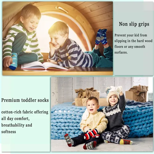 Miniatura 16 de Tphon Calcetines para niños pequeños con empuñaduras, 12 pares de calcetines antideslizantes de algodón para niños y niñas de 1 a 7 años