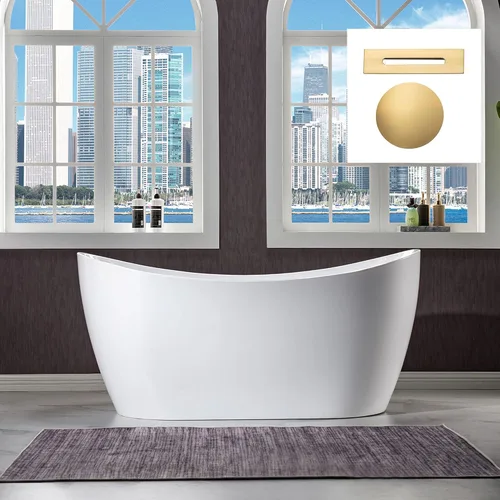 WOODBRIDGE BTA1516 BG - Bañera independiente de acrílico de 59 pulgadas, bañera blanca de remojo contemporáneo con desbordamiento y drenaje de oro