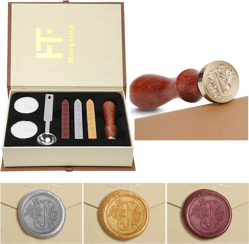 Miniatura 16 de Juego de sellos de cera, Juego clásico de sellos de cera antiguo estilo antiguo con letras iniciales del alfabeto, Caja de regalo con asa de madera