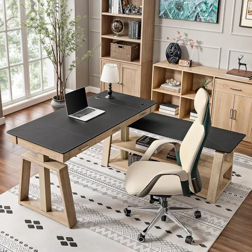 Miniatura 10 de EUREKA ERGONOMIC Escritorio de pie de cuero, escritorio ejecutivo de 1.52 m con cajones, escritorio moderno de pie y sentado con patas en forma de X