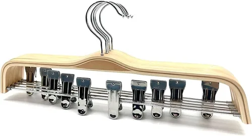 Miniatura 9 de Paquete de 30 perchas de madera natural de 14.5 pulgadas para pantalones, exhibición de ropa, faldas de madera, ganchos inferiores de metal