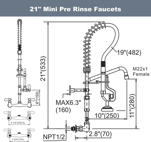 Miniatura 7 de Grifo de cocina comercial para montaje en pared con pulverizador de preenjuague de 21 pulgadas de altura, grifo de fregadero de cocina de 8 pulgadas